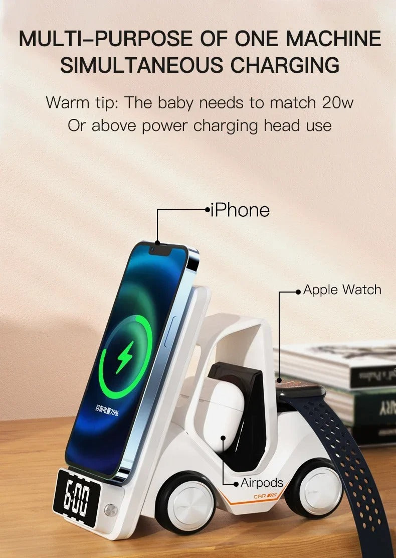 Premium 5 in 1 Magnetic Wireless Charging Station – Fast Charger Stand with Alarm Clock, Adjustable Phone Holder, LED Lamp for iPhone, Watch and AirPods