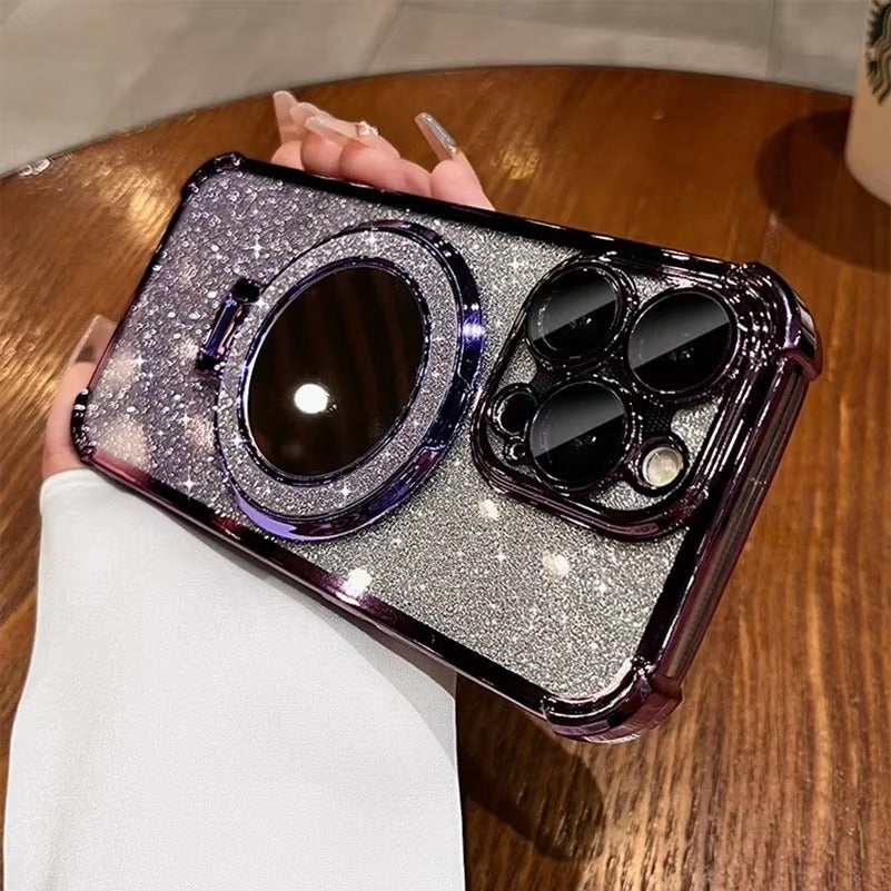 Luxury Apple iPhone Case, MagSafe Compatible, Camera Lens & Screen Protection, Ultra Thin, Shockproof, Magnetic Full All Around Cover – Sparkling Gradient Glitter Airbag Case with Mirror Back & Diamond Stand Holder