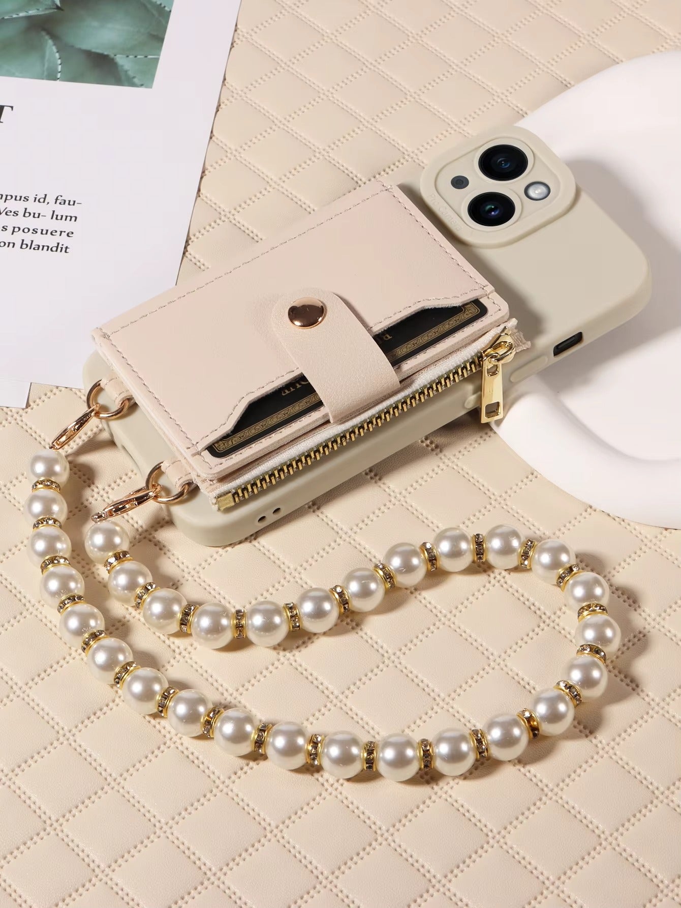 High Quality Apple iPhone Case, MagSafe Compatible, Camera Lens & Screen Protection, Ultra Thin, Shockproof, Magnetic Full All Around Cover – PU Leather Wallet Case with Mirror, Zipper & Pearl Strap