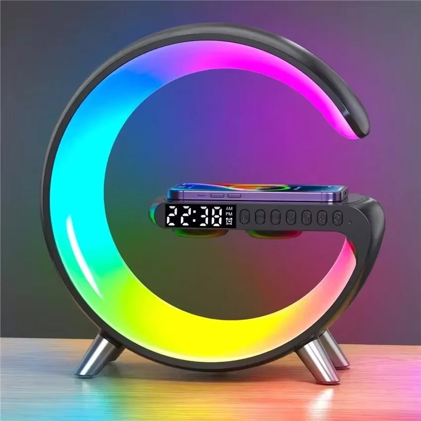 Luxury Wireless Charging Alarm Clock – Bluetooth Speaker with Sunrise Wake-Up Light, RGB Night Lamp, Sleep Aid, 5W Fast Charger for Qi-Enabled Devices