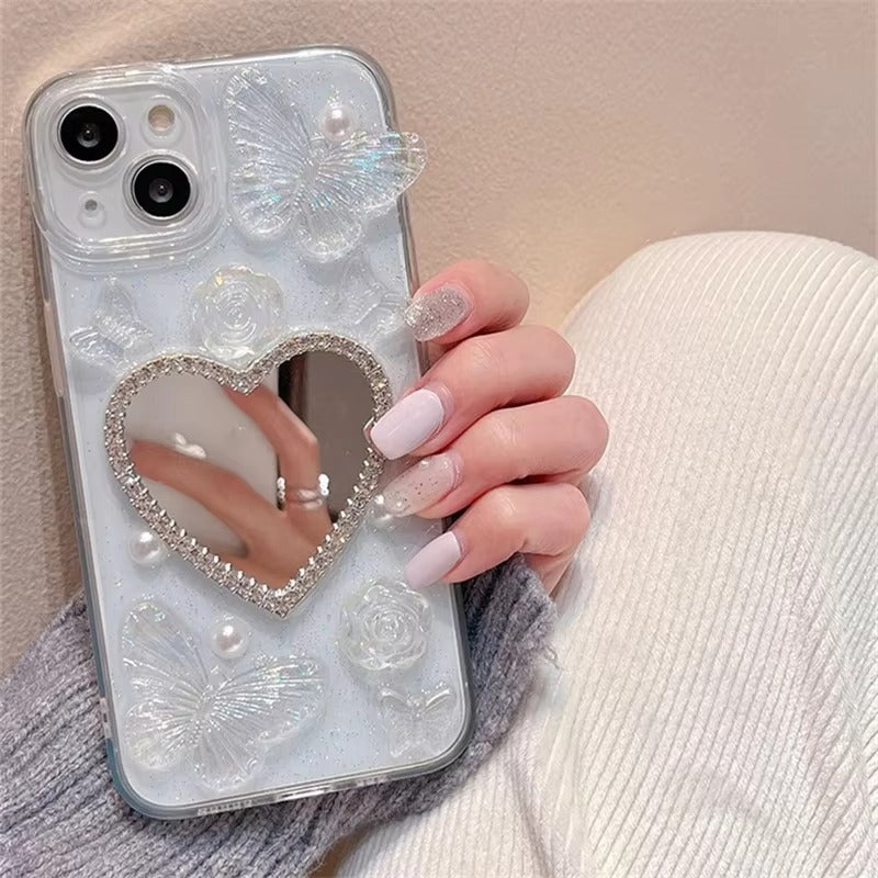 Luxury Apple iPhone Case, MagSafe Compatible, Camera Lens and Screen Protection, Ultra Thin, Shockproof, Magnetic, Full All Around Protection, Glitter Butterfly Mirror Cover