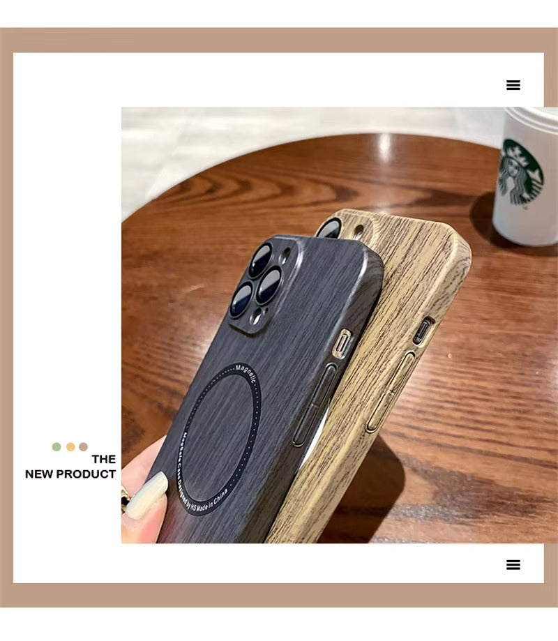 Premium Apple iPhone Case, MagSafe Compatible, Camera Lens and Screen Protection, Ultra Thin, Shockproof, Magnetic, Full All Around Protection, Wood Pattern Plastic Cover