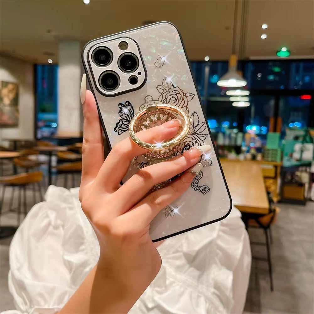 Luxury Apple iPhone Case, MagSafe Compatible, Camera Lens & Screen Protection, Ultra Thin, Shockproof, Magnetic Full All Around Cover – Butterfly Flower Pattern Silicone Case with Diamond Ring Holder & Hard Back Protection