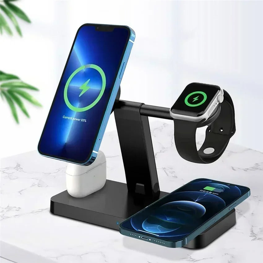 Premium 5 in 1 Magnetic Wireless Charging Station – Foldable Fast Charger Stand for Phones, Smartwatches, Earbuds with 30W Output & LED Night Light
