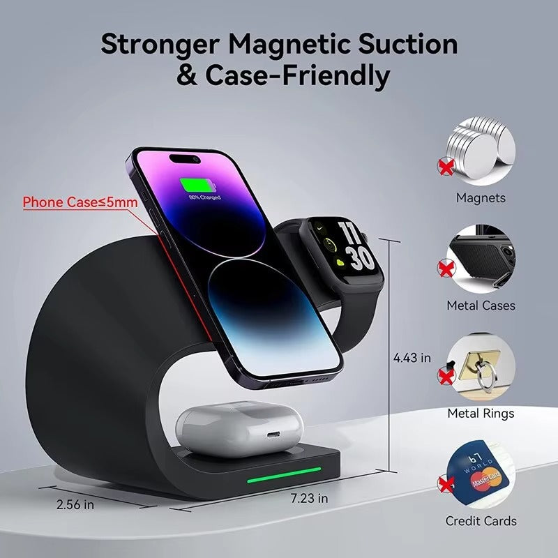 Premium 4 in 1 Magnetic Wireless Charging Station – 15W Fast Charger Dock with LED Indicator for Phones, Apple Watch, AirPods and USB Devices