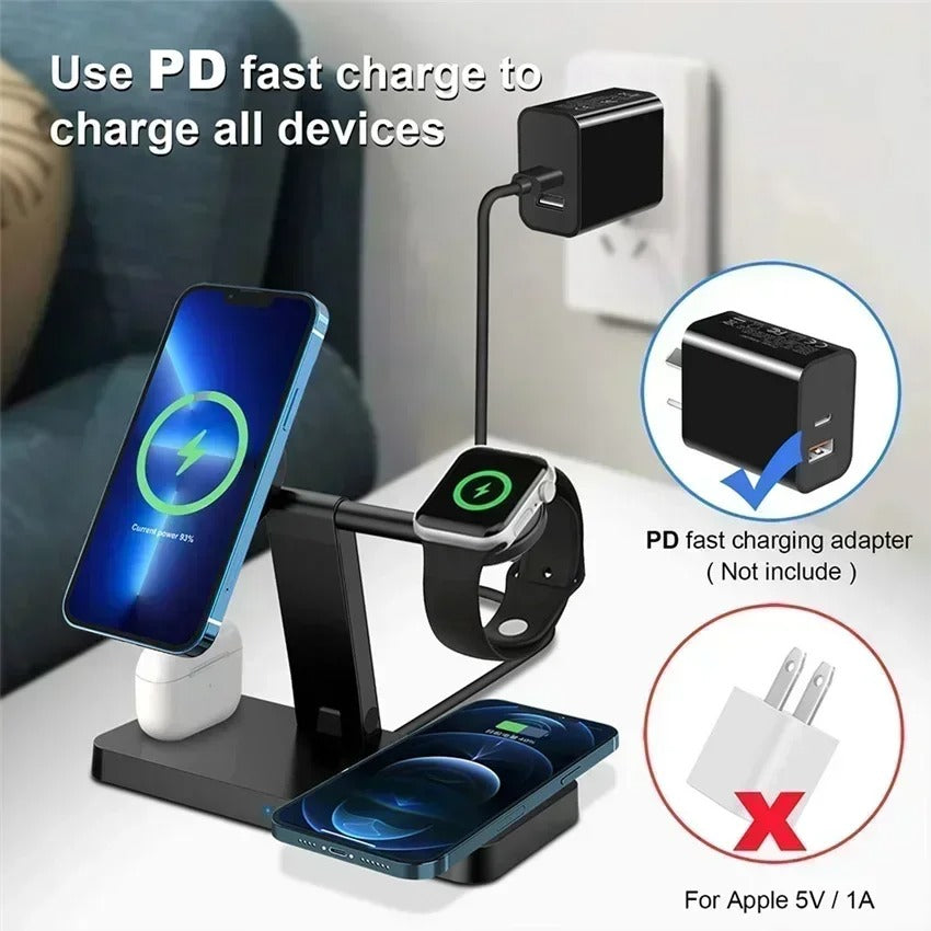 Premium 5 in 1 Magnetic Wireless Charging Station – Foldable Fast Charger Stand for Phones, Smartwatches, Earbuds with 30W Output & LED Night Light