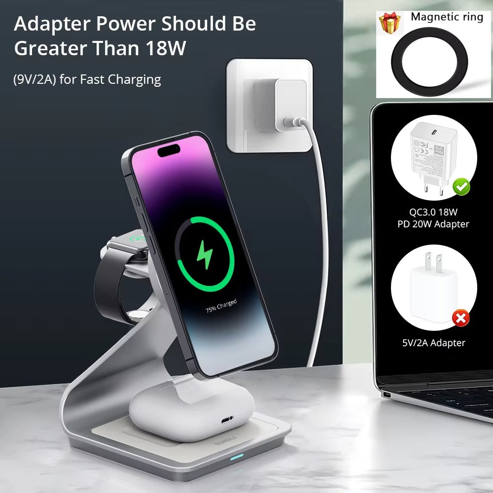 Premium 3 in 1 Magnetic Wireless Charging Stand – 15W Fast Charger Dock with Aluminum Alloy Metal Design for iPhone, Apple Watch and AirPods