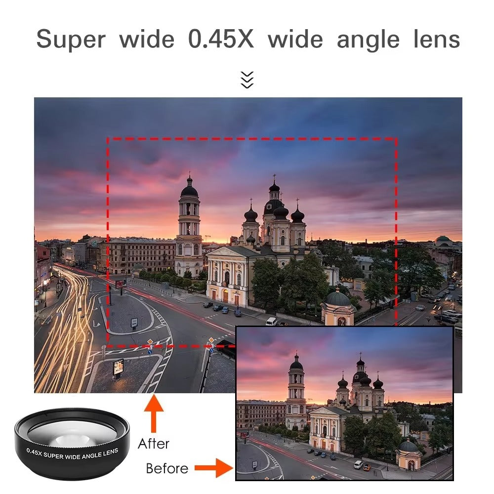 Premium 2-in-1 Mobile Phone Lens Kit – 0.45X Super Wide-Angle +On Lens with 37mm Universal Mount for Apple iPhone Photography