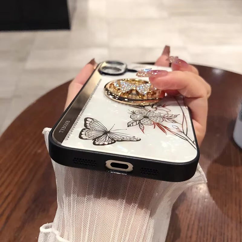 Luxury Apple iPhone Case, MagSafe Compatible, Camera Lens & Screen Protection, Ultra Thin, Shockproof, Magnetic Full All Around Cover – Shell Pattern Butterfly Case with Ring Holder & Hard Silicone TPU Back Design