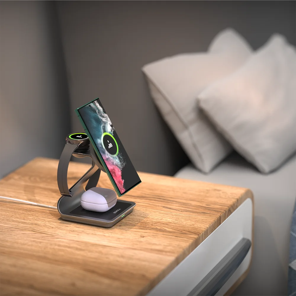 Premium 3 in 1 Magnetic Wireless Charging Stand – 15W Fast Charger Dock with Aluminum Alloy Metal Design for iPhone, Apple Watch and AirPods