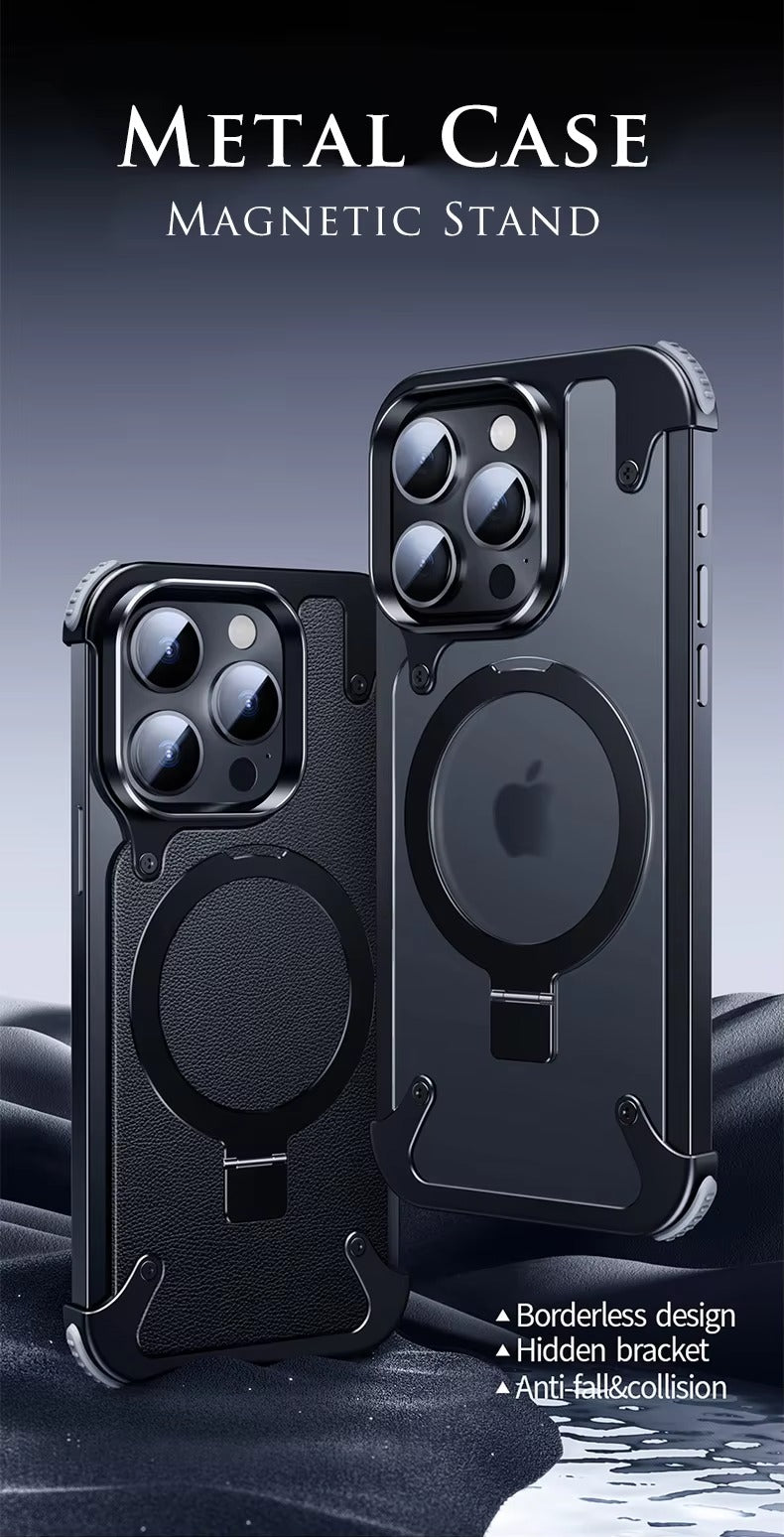 Luxury Edgeless Apple iPhone Case, MagSafe Compatible, Ultra Thin Magnetic  Metal Frame and Aluminum Kickstand