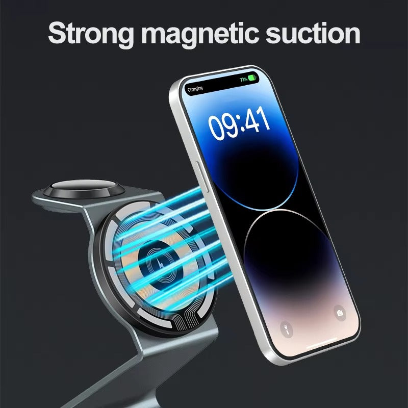 Luxury 3 in 1 Magnetic Wireless Charger Stand – Transparent Fast Charging Dock for iPhone, Apple Watch, AirPods with Aluminum Alloy Design, 15W Output