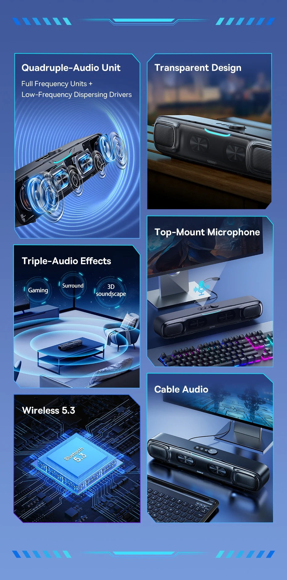 Premium Mini Bluetooth Soundbar for iPhone & Mac – Desk Speaker with 3D Surround Audio, Triple-Mode Playback, Subwoofer 