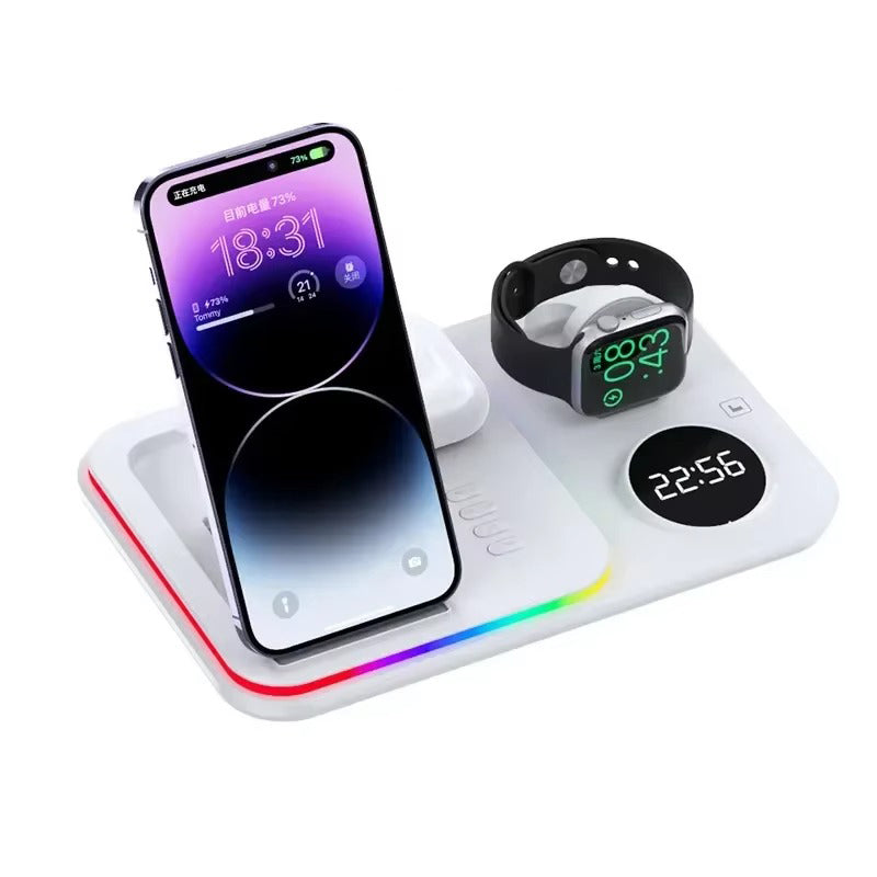 Premium 5 in 1 Wireless Charging Station – 30W Foldable Fast Charger Dock with RGB LED Light, Alarm Clock for Phones, Apple Watch, Samsung Watch & AirPods