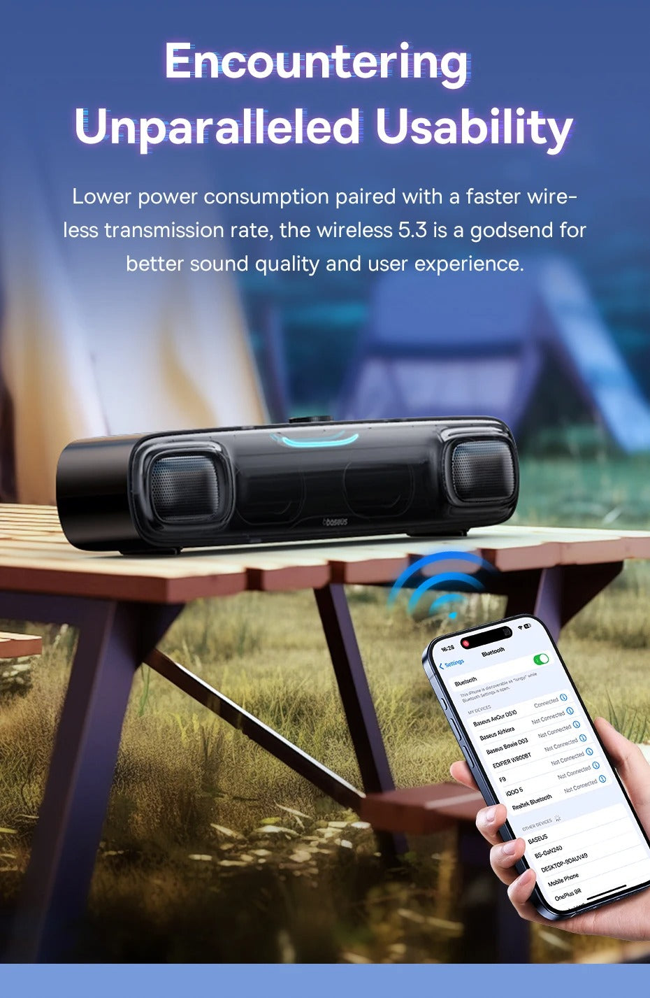 Premium Mini Bluetooth Soundbar for iPhone & Mac – Desk Speaker with 3D Surround Audio, Triple-Mode Playback, Subwoofer 