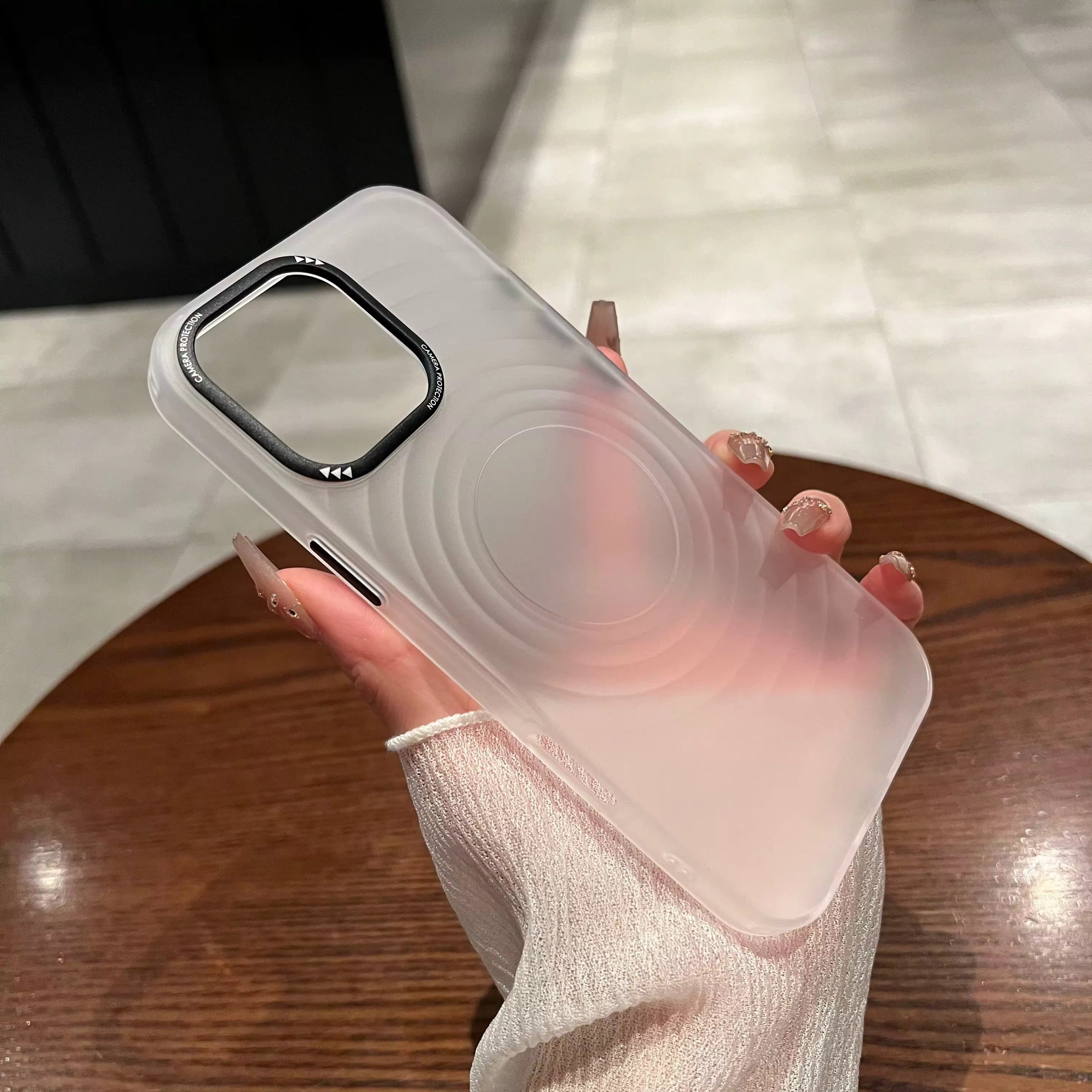 Luxury Apple iPhone Case, MagSafe Compatible, Camera Lens & Screen Protection, Ultra Thin, Shockproof, Magnetic Full All Around Cover – Water Ripple Matte Translucent Case with Metal Lens Bumper & Hard Back