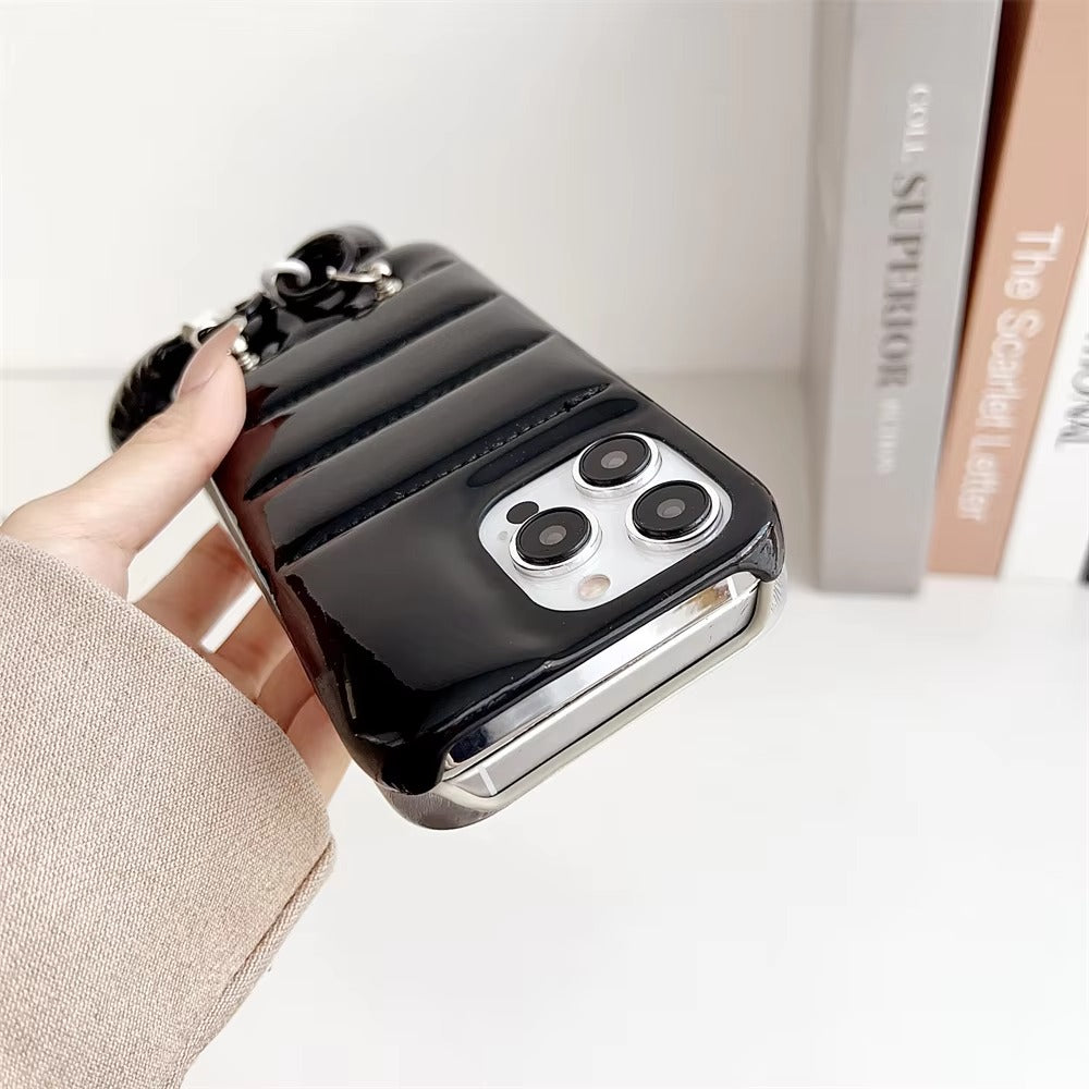 Luxury Apple iPhone Case, MagSafe Compatible, Camera Lens & Screen Protection, Ultra Thin, Shockproof, Magnetic Full All Around Cover – Down Jacket Style Silicone Case with Wrist Strap & Soft Finish