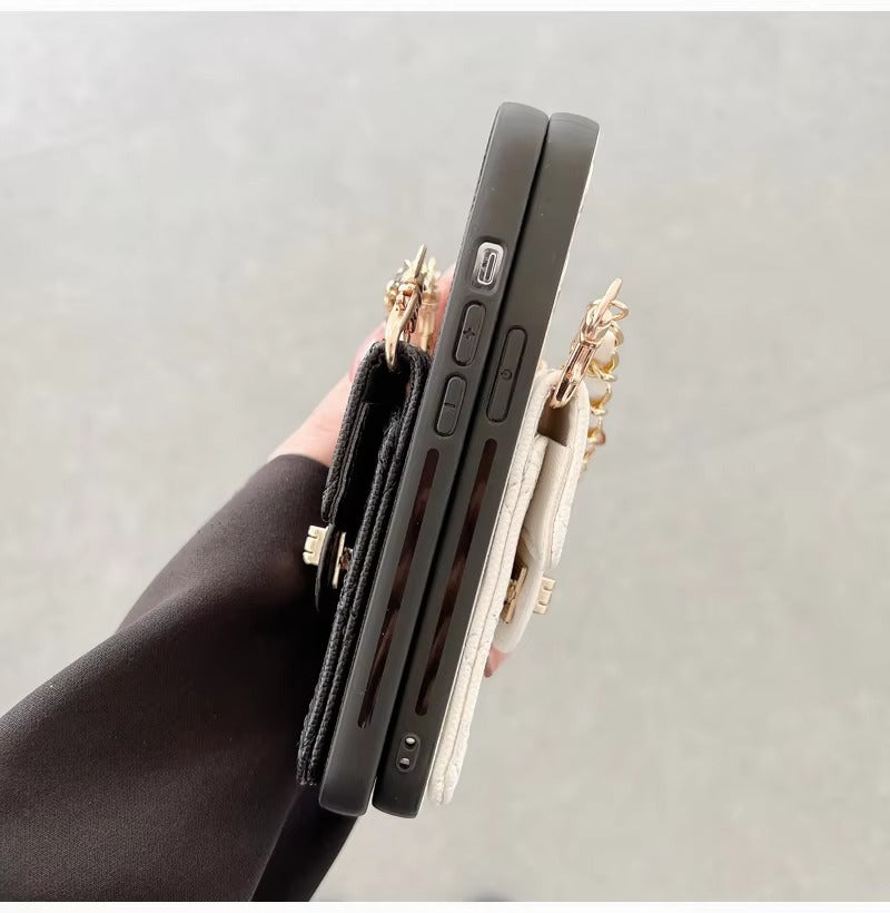 Luxury Apple iPhone Case, MagSafe Compatible, Camera Lens & Screen Protection, Ultra Thin, Shockproof, Magnetic Full All Around Cover – Lingge Envelope Crossbody Card Bag with Long Necklace Strap