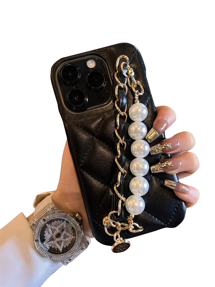 Luxury Apple iPhone Case, MagSafe Compatible, Camera Lens & Screen Protection, Ultra Thin, Shockproof, Magnetic Full All Around Cover – Pearl Metal Hand Chain Case with Lattice Lambskin Pattern for Women