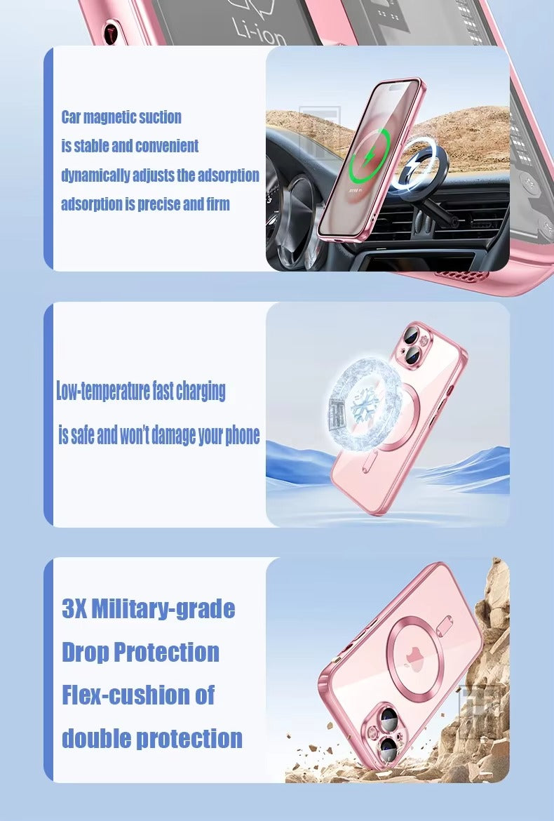 Luxury Apple iPhone Case, MagSafe Compatible, Camera Lens & Screen Protection, Ultra Thin, Shockproof, Magnetic Full All Around Cover – Plating Transparent Silicone TPU Case with Magnetic Back & Lens Film Protection