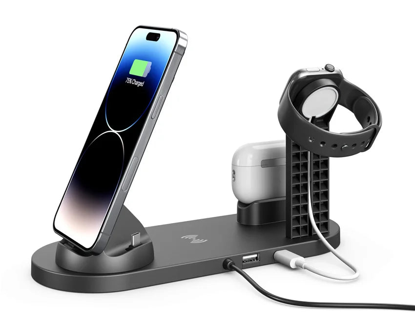 Premium 7-in-1 Wireless Charging Station for Apple iPhone, iOS & Android – Fast 30W Qi Charger Dock with USB-C, AirPods & Apple Watch Support, Multiple Device Charging, Overcharge Protection, Smart Charging Indicator