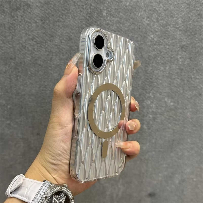 Luxury Apple iPhone Case, MagSafe Compatible, Camera Lens & Screen Protection, Ultra Thin, Shockproof, Magnetic Full All Around Cover – Laser Aurora Raindrop Acrylic Case with Wrist Strap & Wireless Charging