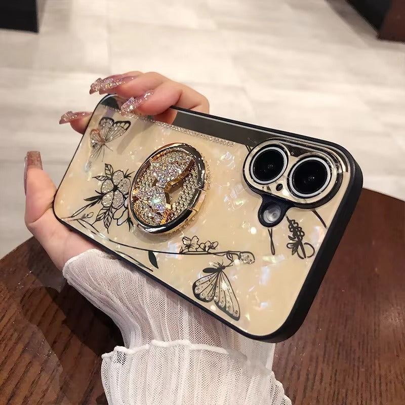 Luxury Apple iPhone Case, MagSafe Compatible, Camera Lens & Screen Protection, Ultra Thin, Shockproof, Magnetic Full All Around Cover – Shell Pattern Butterfly Case with Ring Holder & Hard Silicone TPU Back Design