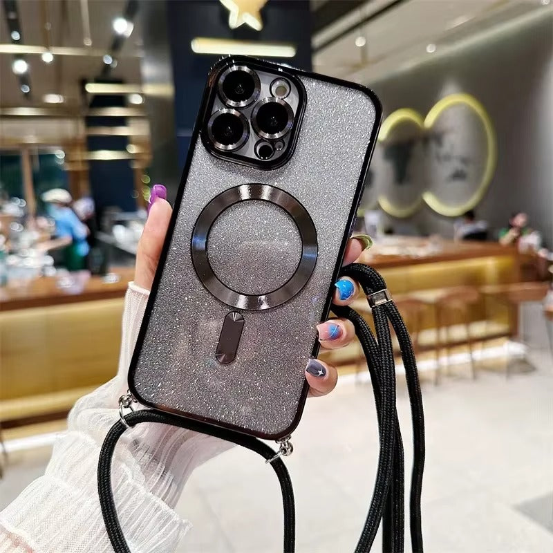 Luxury Apple iPhone Case, MagSafe Compatible, Camera Lens & Screen Protection, Ultra Thin, Shockproof, Magnetic Full All Around Cover – Glitter Crossbody Plating TPU Soft Back Case