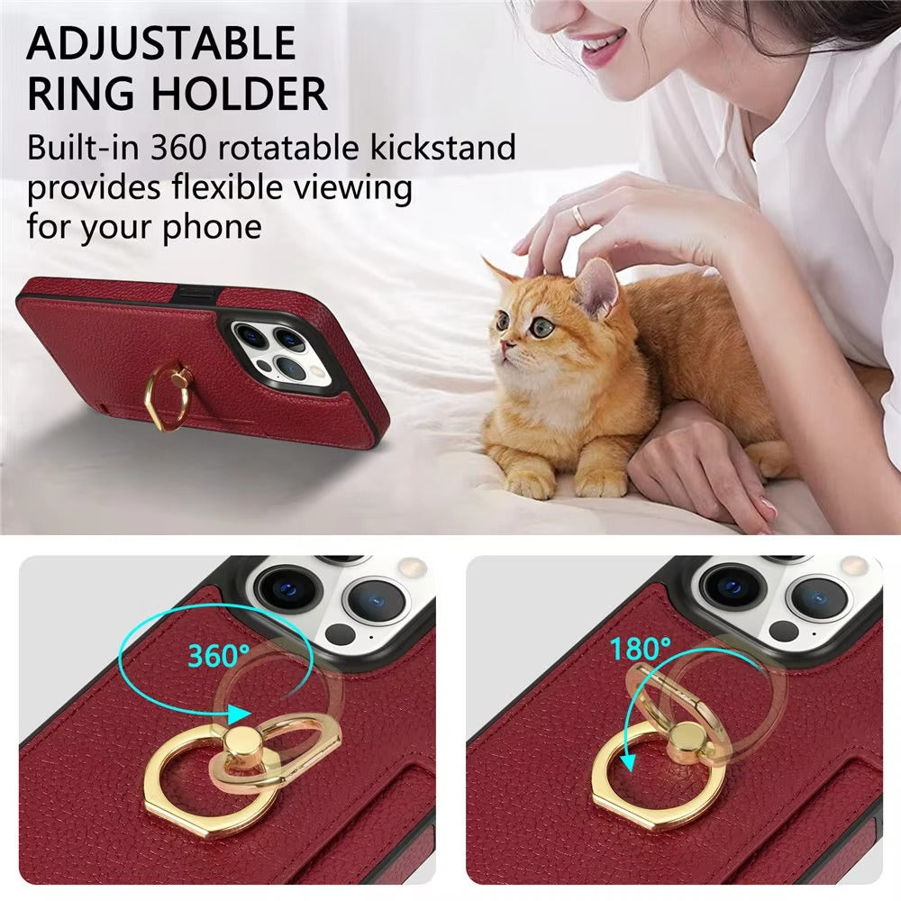 Luxury Card Slot Litchi Leather Apple iPhone Case, MagSafe Compatible, Ultra Thin Magnetic Shockproof Full Cover 