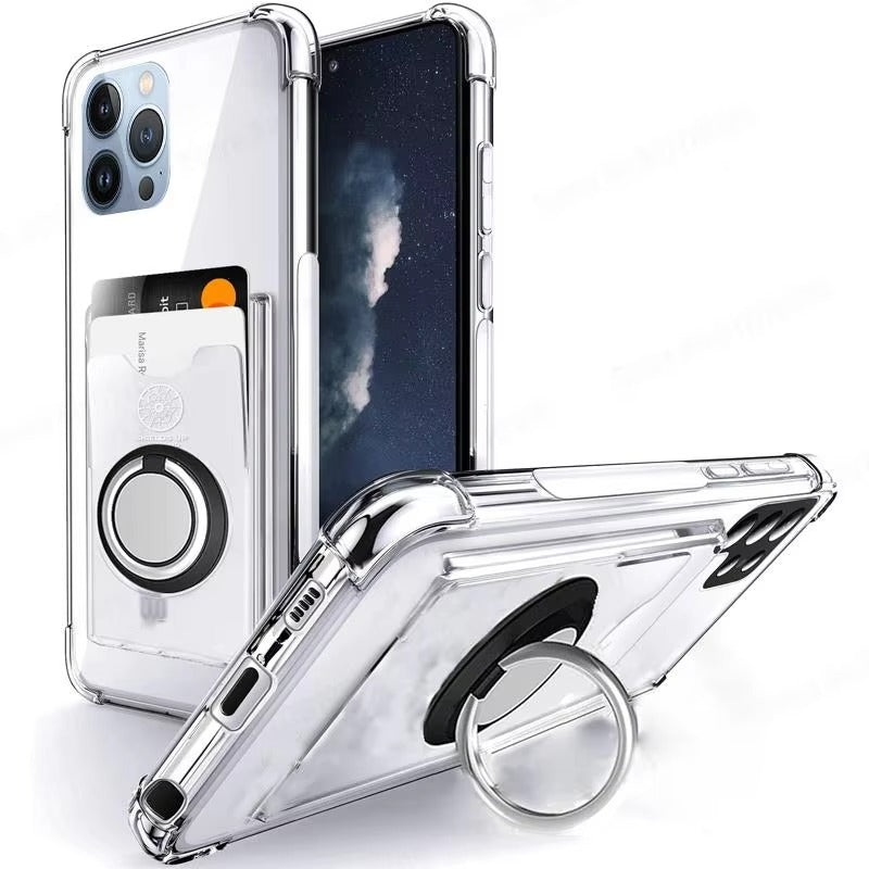 High Quality Transparent Phone Case with Magnetic Ring – Soft, Shockproof Cover with Built-In Card Holder for Apple Plus