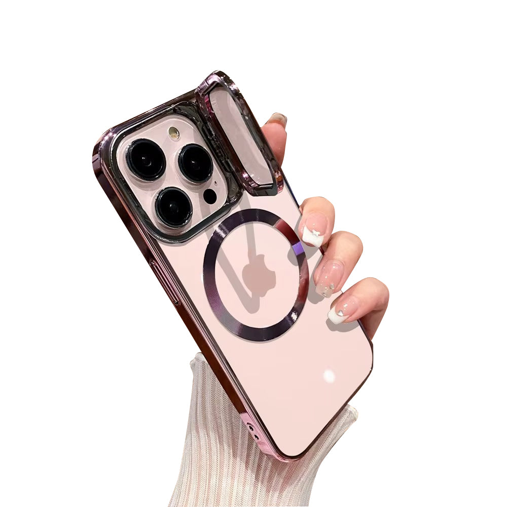Luxury Apple iPhone Case Ultra Thin Shockproof Magnetic Full All Around Protection Cover with Transparent Plating Bracket