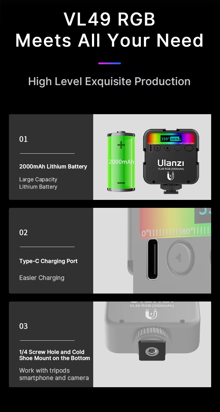 Premium, RGB LED Fill Light – Rechargeable 2000mAh Video Lamp with Cold Shoe, Compact Lighting Kit for Apple iPhone, Camera, 