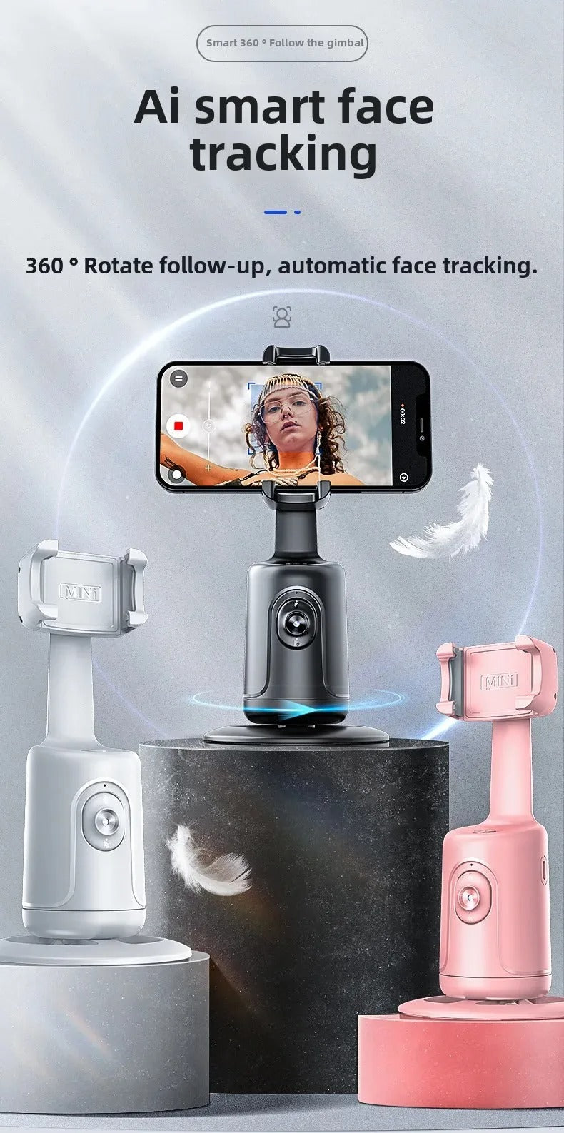 High Quality AI Face Tracking Phone Tripod Stand – 360° Rotation, No App Needed, Auto Follow, Stabilizer, Smart Camera Holder for Vlog & Live
