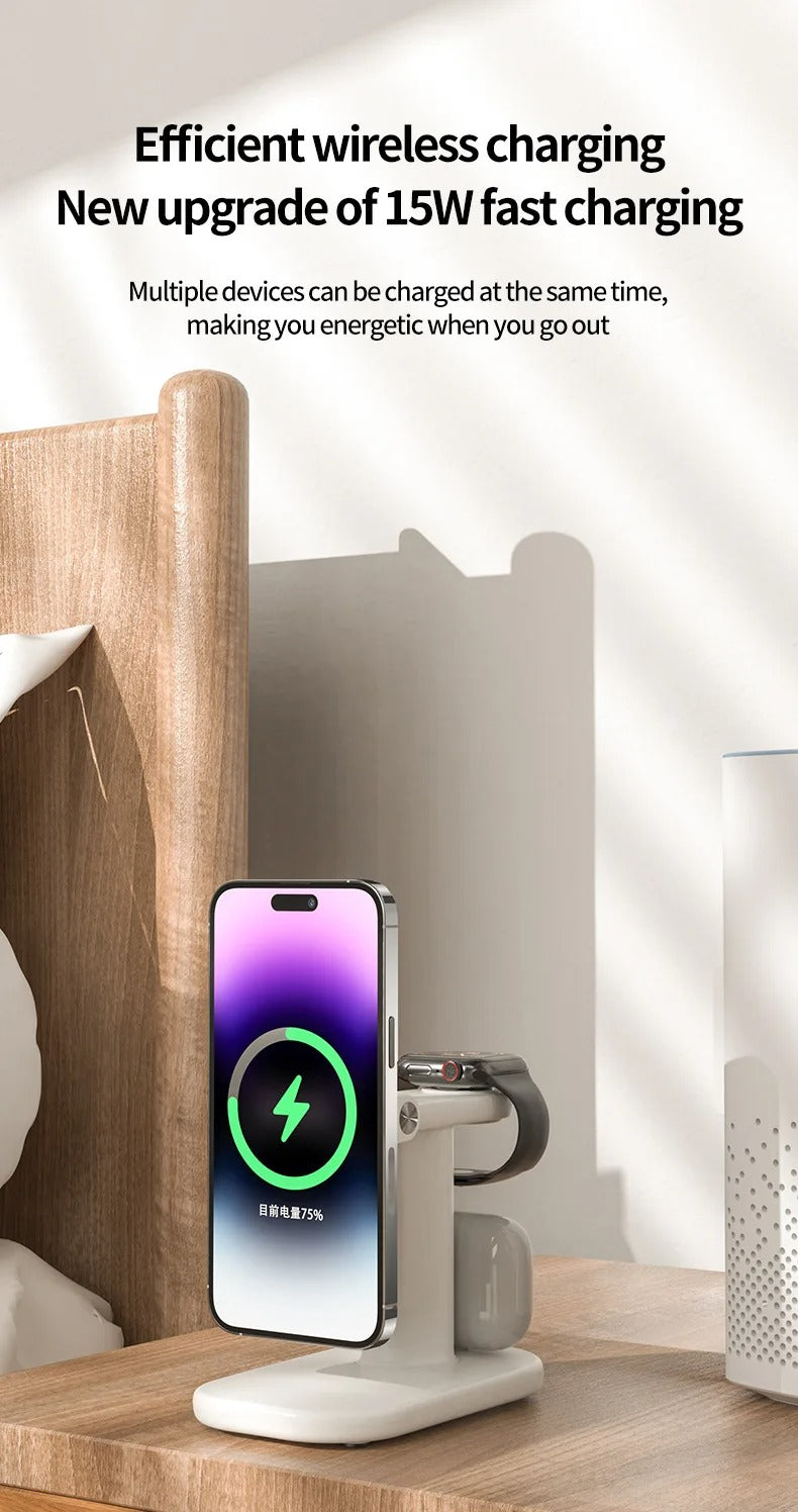 Premium Magnetic 3 in 1 Wireless Charging Station – 25W Foldable Fast Charger Stand and Phone Holder for iPhone, Apple Watch, AirPods and Qi Devices