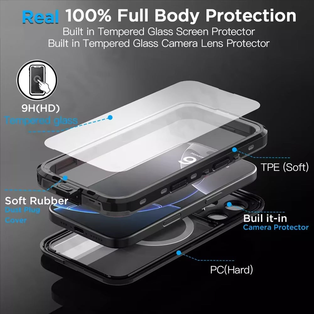 Robust Apple iPhone Case MagSafe Compatible, Camera Lens & Screen Protection, Ultra Thin Shockproof Magnetic Full All Around Protection Cover with IP68 Waterproof Diving Design