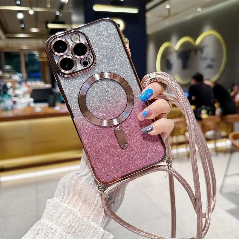 Premium Glitter Crossbody Apple iPhone Case, MagSafe Compatible, Ultra Thin Magnetic Shockproof Full Cover 