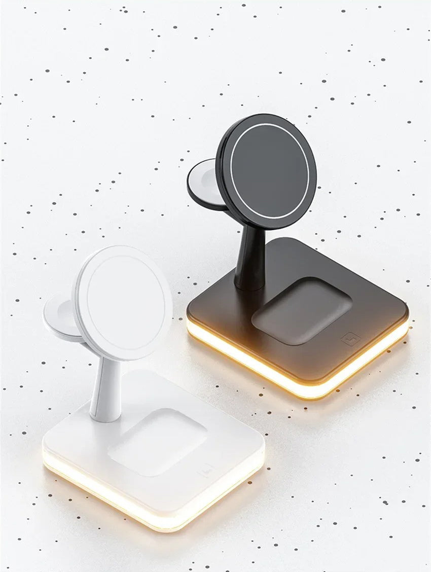 Premium 4 in 1 Magnetic Wireless Charging Station – 30W Fast Charger Stand with LED Lamp, Cooling Fan, USB Output for Phones, AirPods and Apple Watch