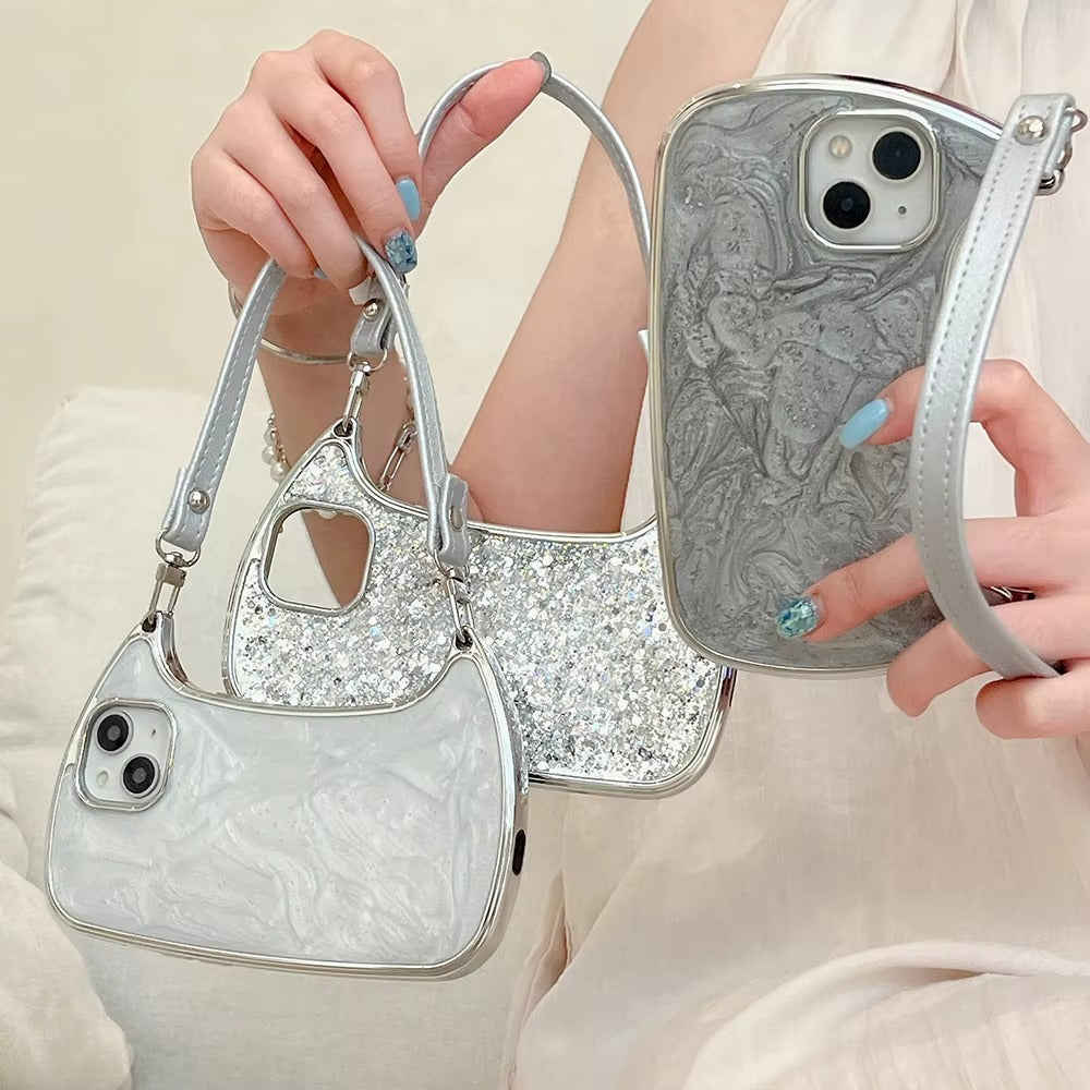 Luxury Apple iPhone Case, MagSafe Compatible, Camera Lens & Screen Protection, Ultra Thin, Shockproof, Magnetic Full All Around Cover – Electroplated Handbag Style Case with Soft Body & Hand Strap