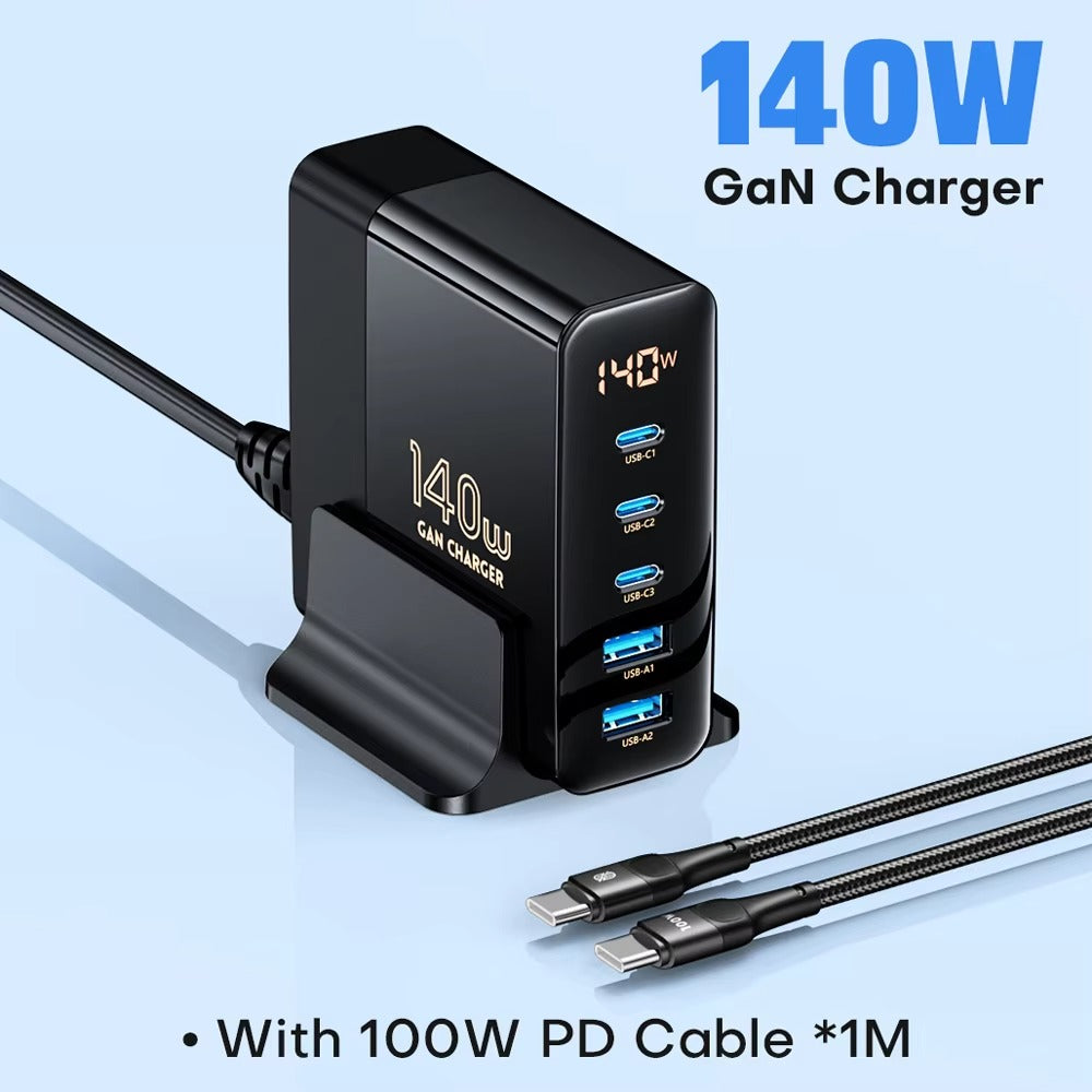 High Quality 140W GaN Desktop Charger – 5 Port Fast Charging Station with USB C PD PPS QC Support for Laptops, Tablets, Phones and Smart Devices