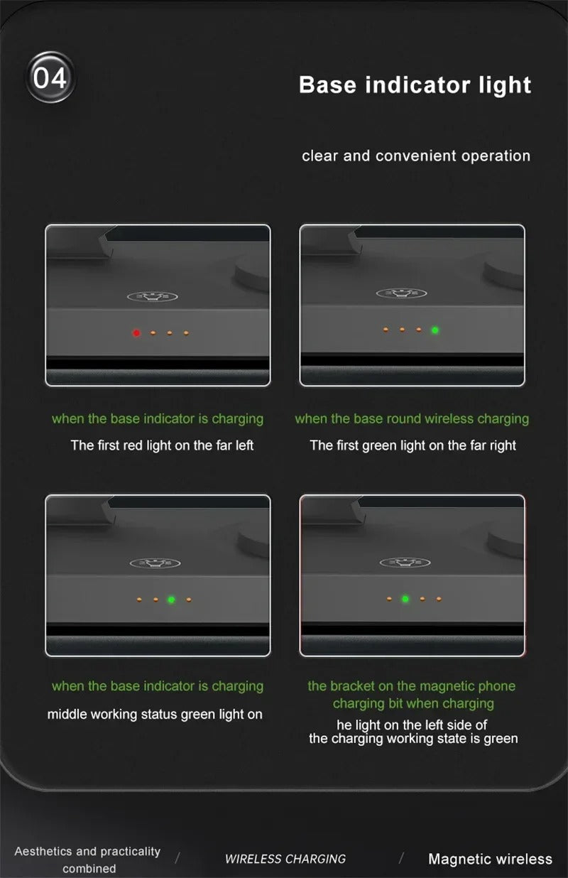 Premium 5 in 1 Magnetic Wireless Charging Station – Foldable Fast Charger Stand for Phones, Smartwatches, Earbuds with 30W Output & LED Night Light