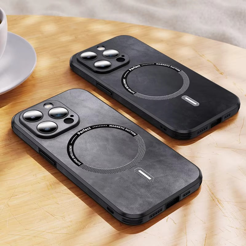 Premium MagSafe Leather iPhone Case with Magnetic Shockproof Design, Glass Lens Protector, Full Body Drop Defense, 