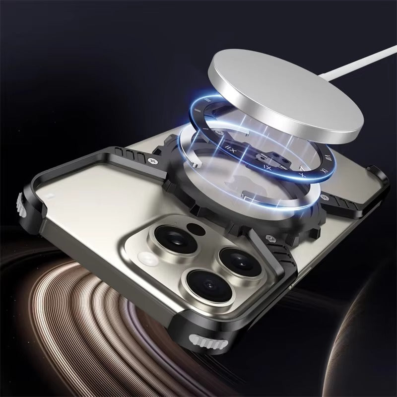 Robust Apple iPhone Case, MagSafe Compatible, Camera Lens & Screen Protection, Ultra Thin, Shockproof, Magnetic Full All Around Cover – X-Shaped Gear Aluminum Case with 360° Stand & Noctilucent Frameless Design