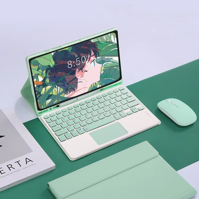 Luxury Wireless Keyboard Case with Free Mouse – Bluetooth Keyboard Cover with Touchpad, Leather Texture, Built-in Battery, for 10–11 inch Tablets, Solid Color Design