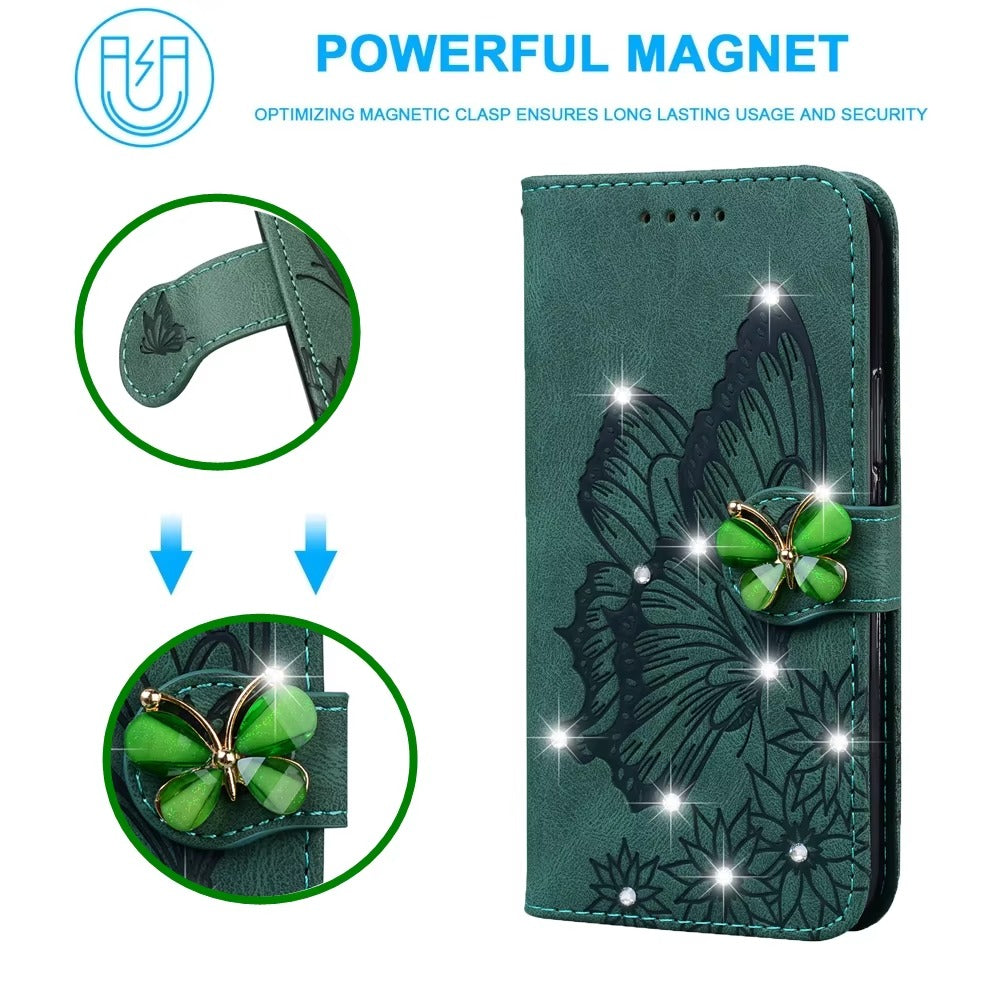 Luxury Apple iPhone Case, MagSafe Compatible, Camera Lens and Screen Protection, Ultra Thin, Shockproof, Magnetic, Full All Around Protection, Butterfly Glitter Wallet Cover