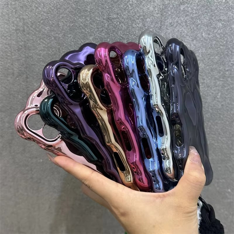 Luxury Apple iPhone Case, MagSafe Compatible, Camera Lens & Screen Protection, Ultra Thin, Shockproof, Magnetic Full All Around Cover – 3D Wave Edge Plating Case with Plush Wristband & Lanyard Strap