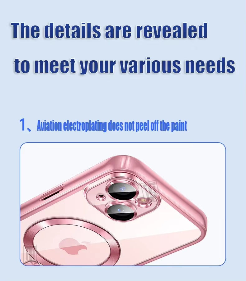 Luxury Apple iPhone Case, MagSafe Compatible, Camera Lens & Screen Protection, Ultra Thin, Shockproof, Magnetic Full All Around Cover – Plating Transparent Silicone TPU Case with Magnetic Back & Lens Film Protection