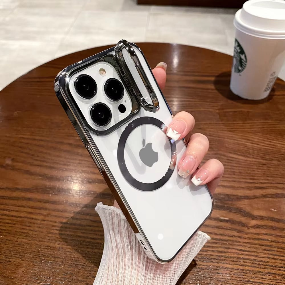 Luxury Apple iPhone Case Ultra Thin Shockproof Magnetic Full All Around Protection Cover with Transparent Plating Bracket