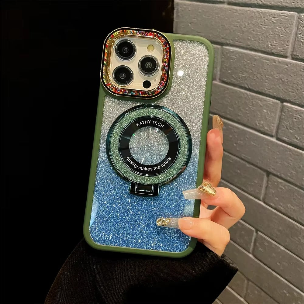 Luxury Apple iPhone Case, MagSafe Compatible, Camera Lens & Screen Protection, Ultra Thin, Shockproof, Magnetic Full All Around Cover – Gradient Glitter Diamond Case with Stand Holder & Wireless Charging Support