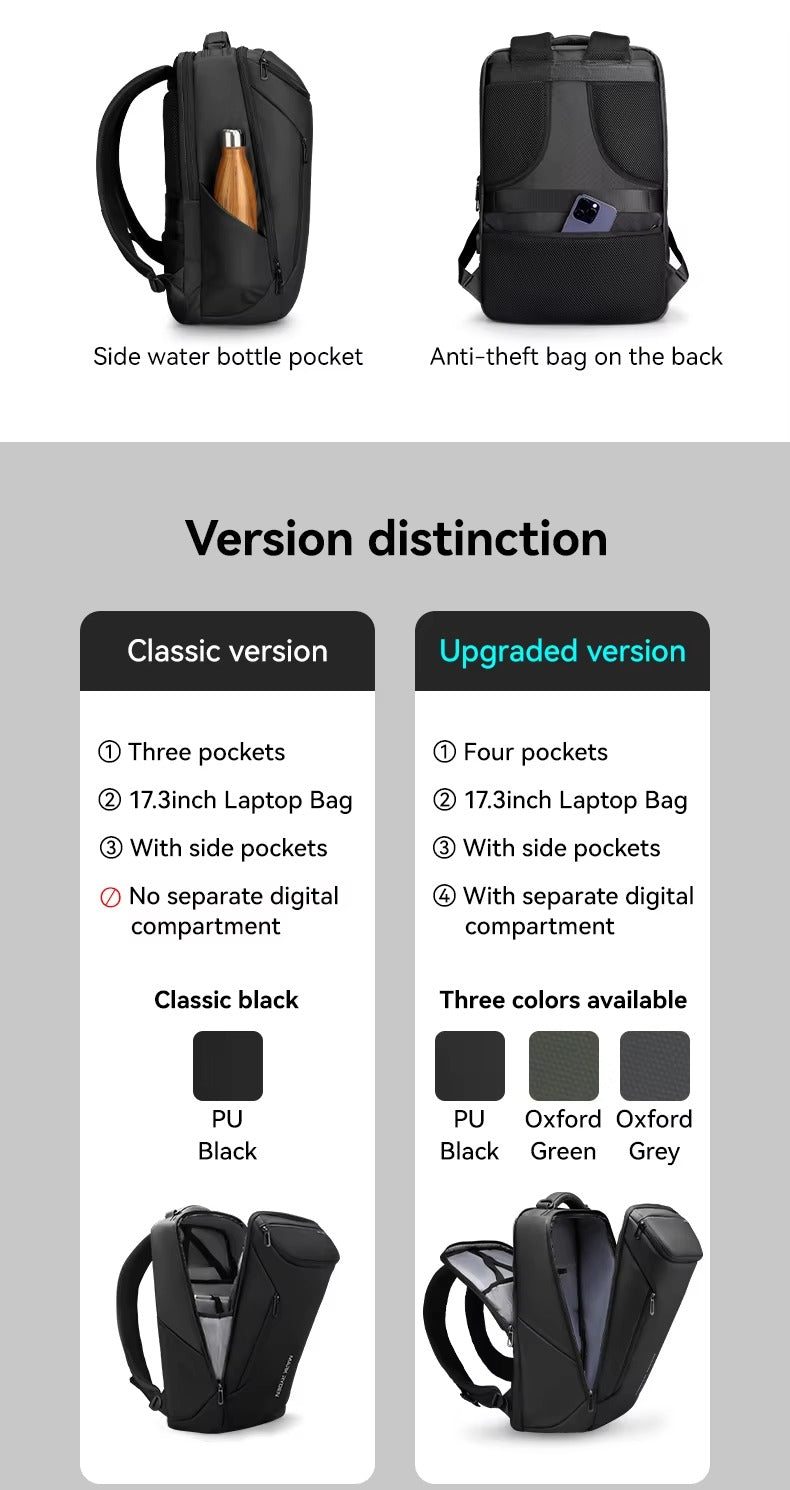 High Quality Waterproof Laptop Backpack for Men, USB Charging Travel Bag, Business Tech Rucksack Fits 17" MacBook 