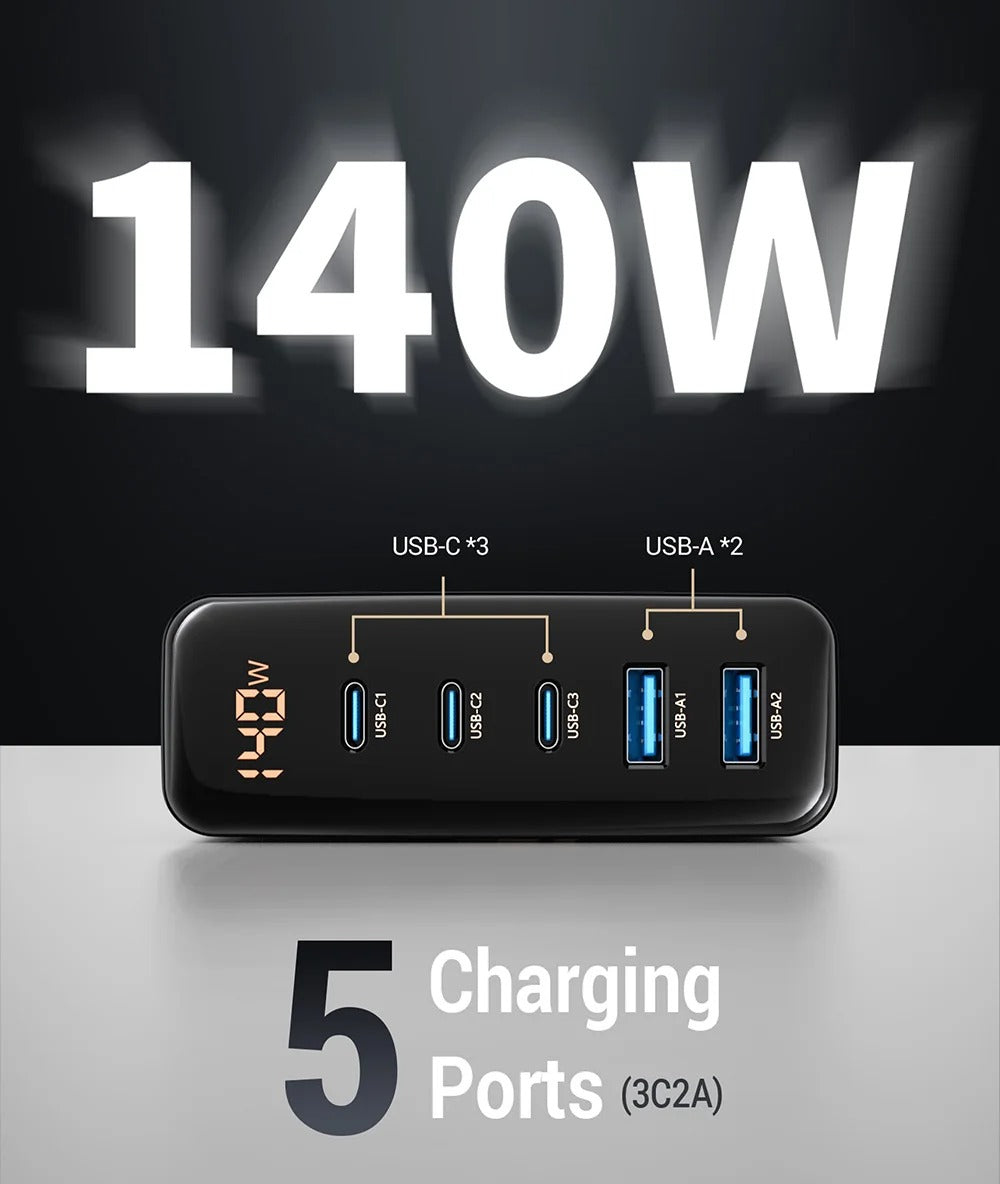 High Quality 140W GaN Desktop Charger – 5 Port Fast Charging Station with USB C PD PPS QC Support for Laptops, Tablets, Phones and Smart Devices